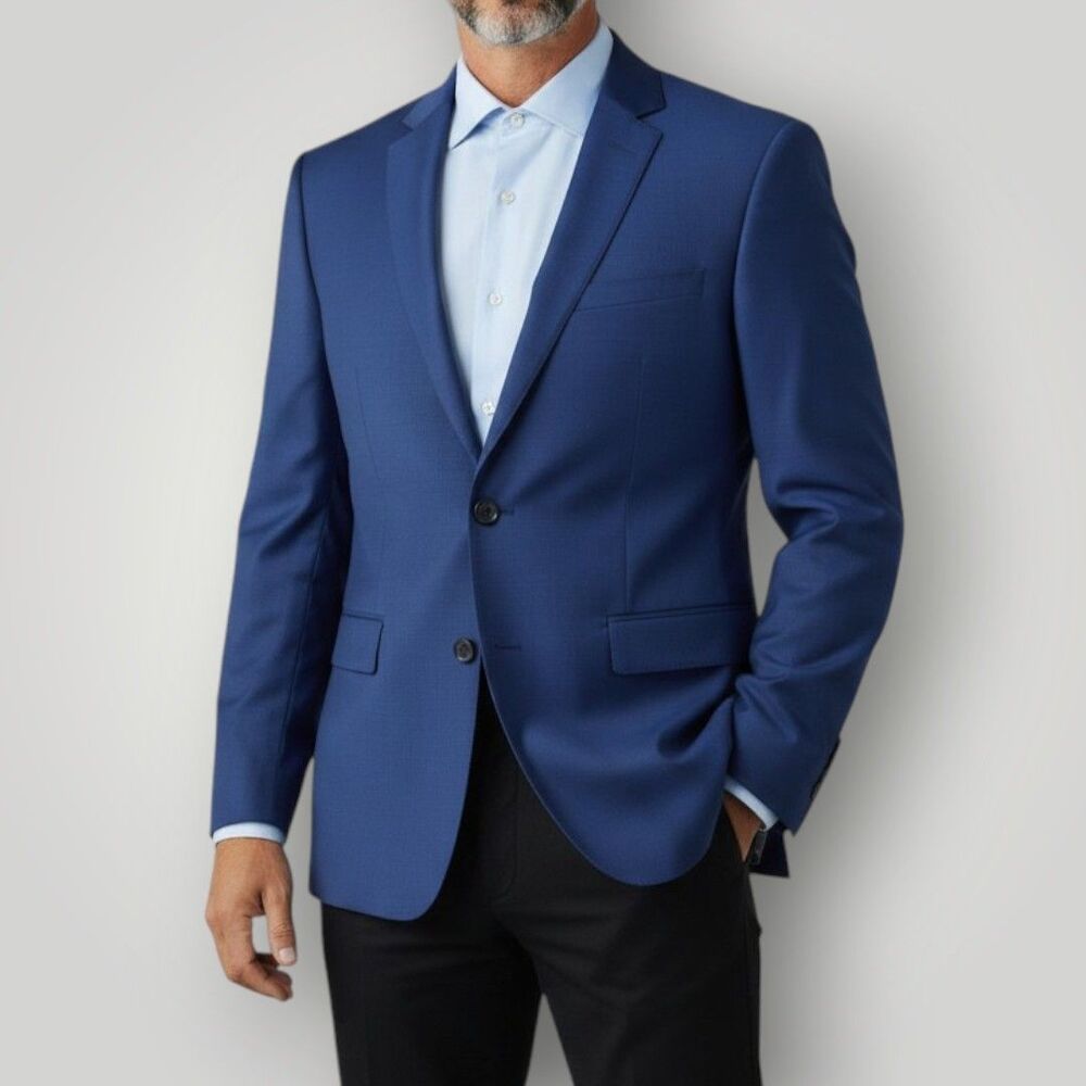 RENOIR Mens Blazer 42R Sport Coat Two Button Jacket Stretch Wool Blue Slim fit